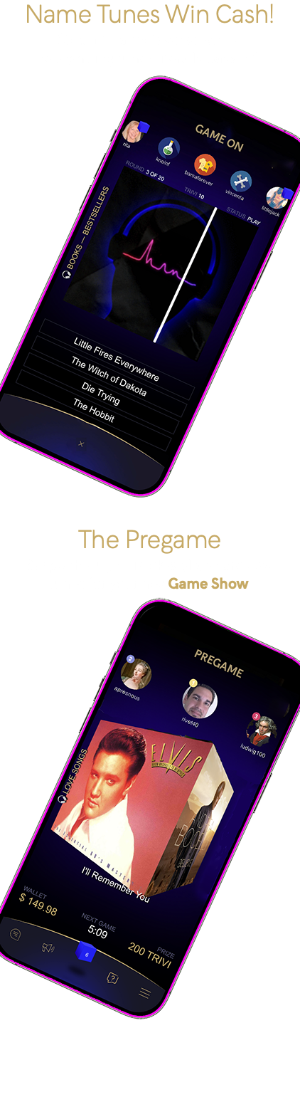 The Pregame Swipe through, TikTok-style, to preview tunes for the upcomming Game. ﷯ The Game! Every 15 minutes the cube plays tunes and you name them to win Trivi. ﷯ 